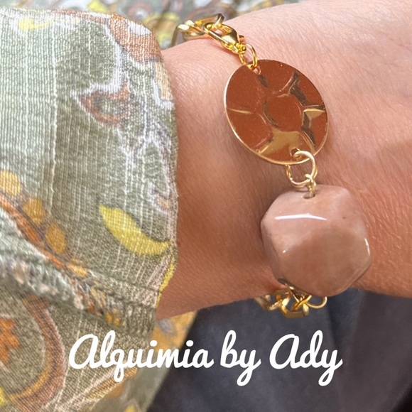 Gold and Tan Geometric Bracelet with Natural Stone - Picture 3 of 3
